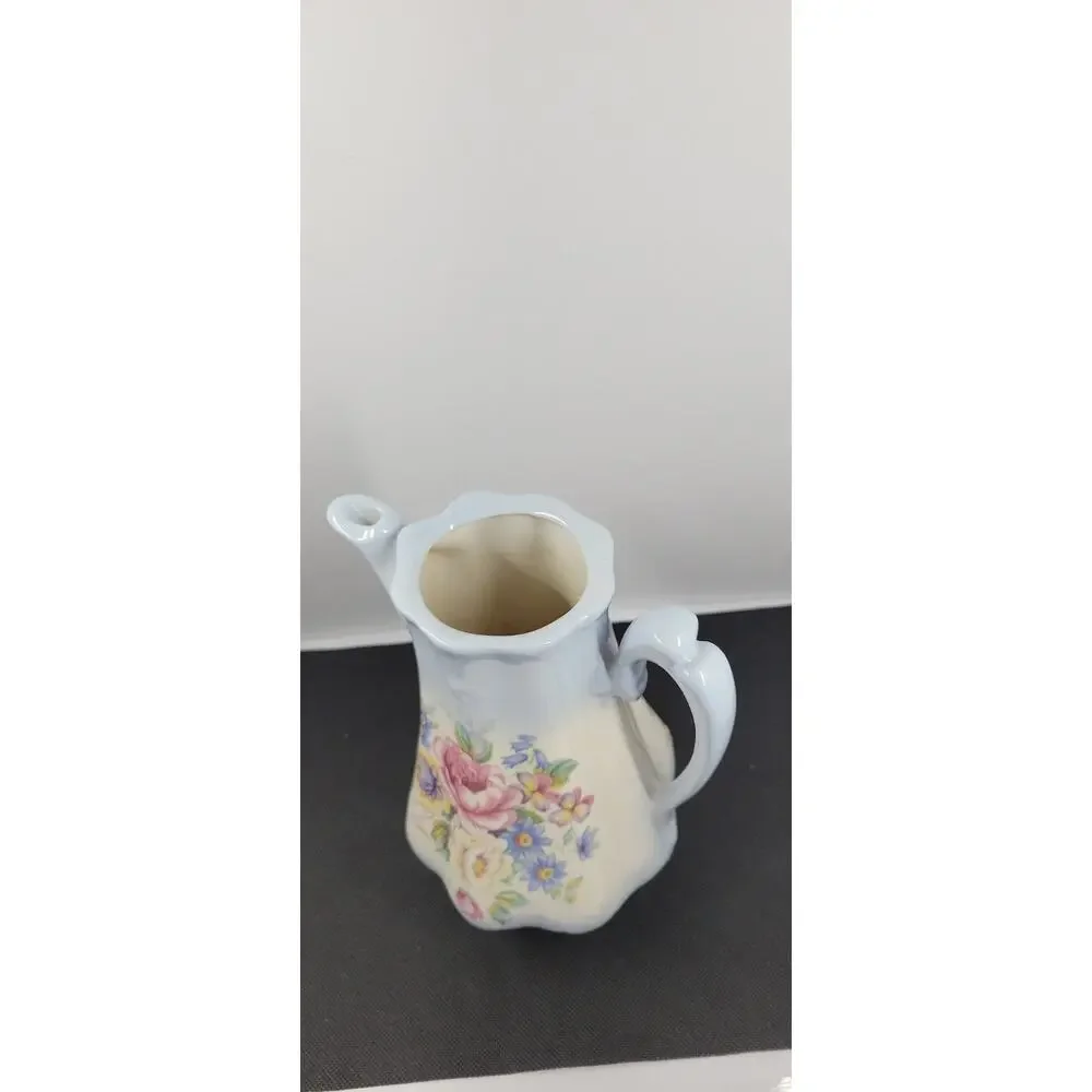 floral Coffee Pot with Lid Blue Pink Flowers Ceramic Cottage Decor 9